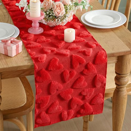 Windkream Valentine's Day Decor Table Runner 13 x 72 Inch Red Heart Soft Plush Faux Fur 3D Jacquard Table Runner Romantic Valentine's Day Decorations for Home Dining Holiday Wedding Party Decor
