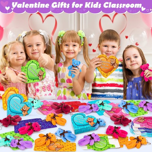 polokping Valentines Day Cards for Kids School, 24 Pack Cute Stuffed Bear Valentine Day Gifts for Boys Girls, Plush Bear Toys for Valentine's Gifts Classroom Exchange Prize, Valentine's Party Favors