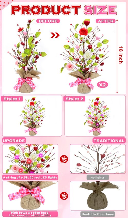 2 Pack & Timer - Valentines Day Decorations, 18 Inch Lighted Valentines Day Tree Tabletop with 20 Red Pink Lights Battery Operated Hearts Rose Berries Artificial Tree Valentines Decor Home Table Party