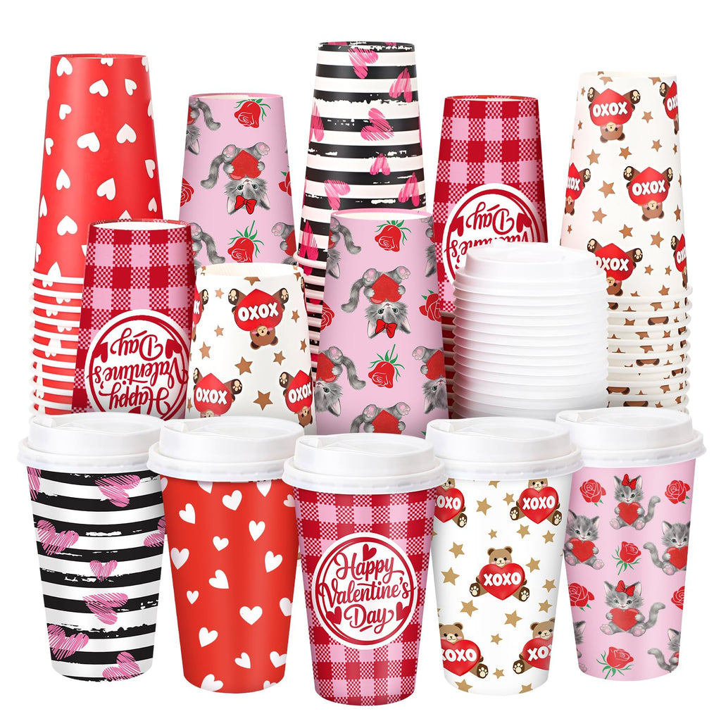 Ovveroche 100 Pack Valentine's Day Disposable Cups 16 oz Pink Red Hearts Bear Stripe Coffee Cups Wedding Anniversary Party Supplies for Hot Chocolate Cocoa Tea Coffee Bar Accessories