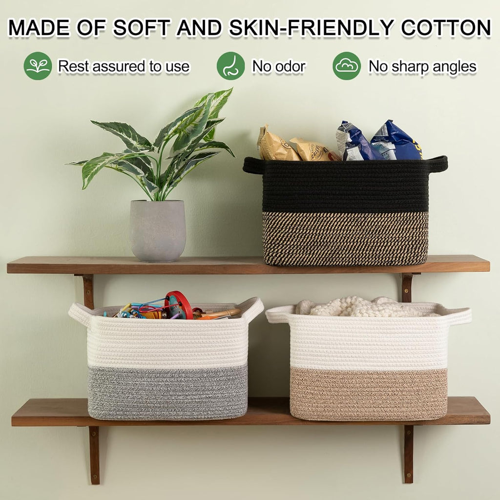 OIAHOMY Woven Storage Basket - Rectangle Cotton Rope Organizer for Toys, Towels & Books | 13 x 10 x 9 in, Brown & White