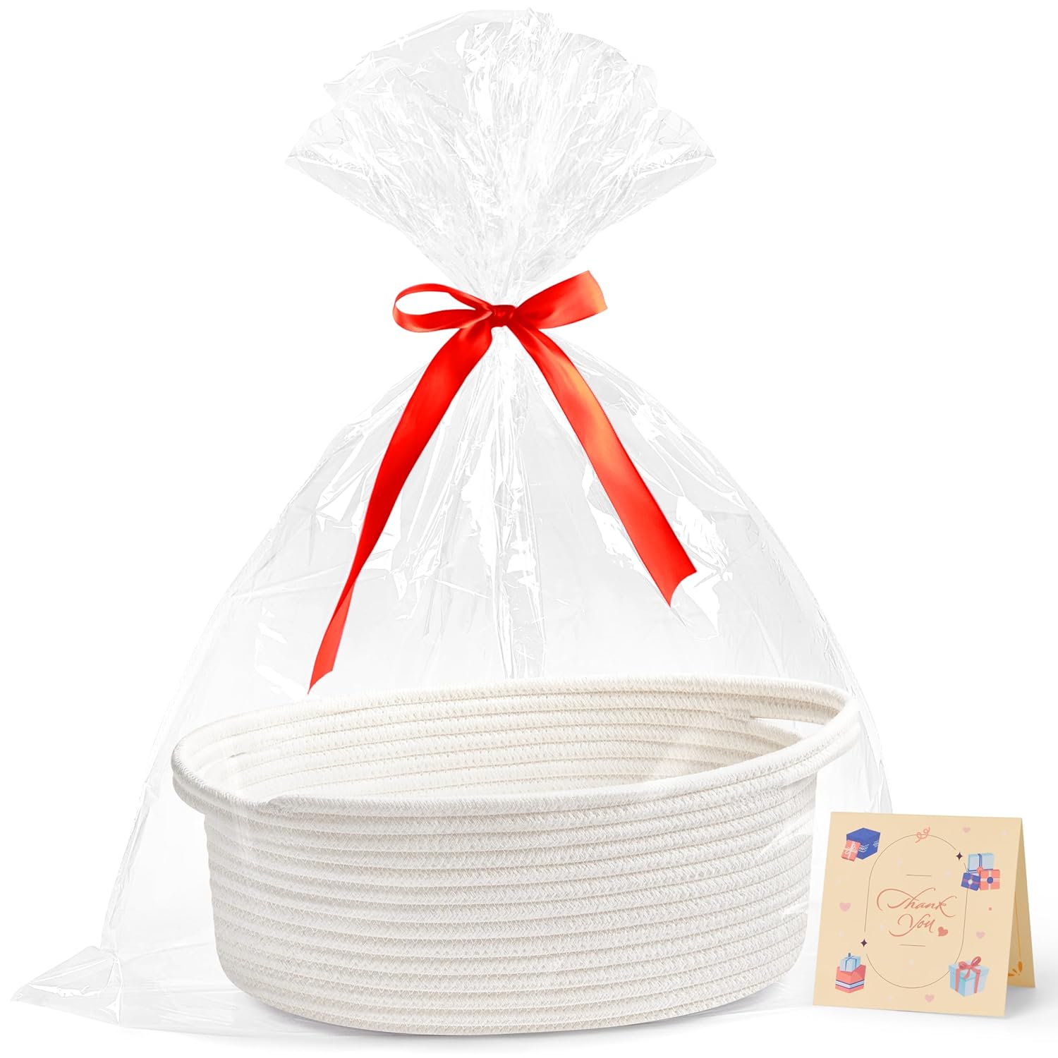 Yeeeasy Small Woven Basket - Cute Gift Basket with Ribbons | 12"x8"x5" White Storage for Toys