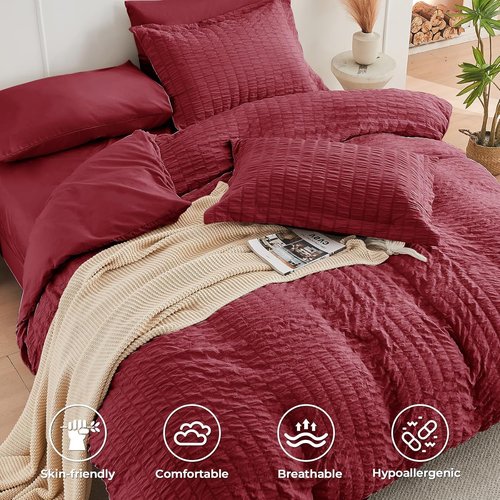 HYMOKEGE Twin XL Comforter Set - Burgundy Seersucker 5-Piece Luxury Bedding Set for All Seasons