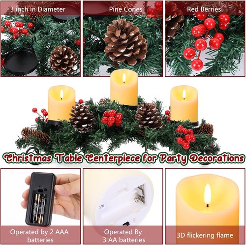 Mudder Christmas Table Centerpiece Set - 20'' Steel Base with 3 Flameless LED Candles & Red Berry Decor | Creamy White