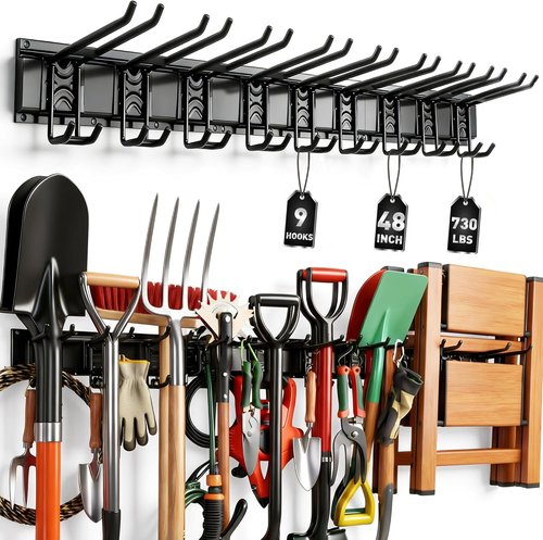 ELEAD Heavy Duty Garage Tool Organizer - 9 Pairs Wall Mount Hooks | 48 Inches, 730 lbs Capacity for Garden & Yard Tools
