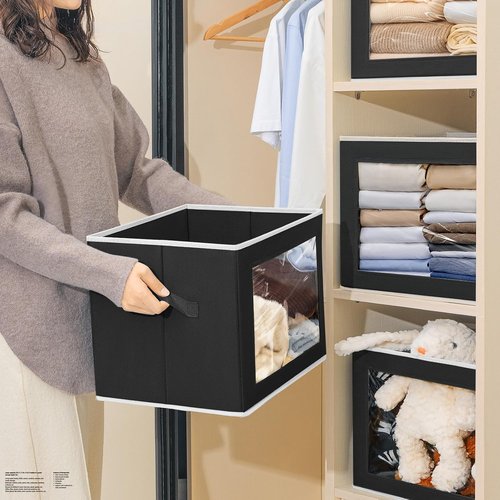 Homsorout Storage Bins - 3 Pack Large Fabric Boxes with Lids & Handles for Organizing Clothes | Black