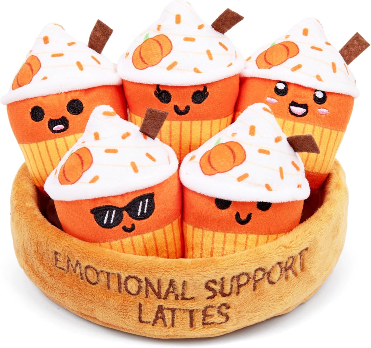 Relatable Emotional Support Lattes - Soft Fall Plushies for All Ages | Perfect Back-to-School Gift Set with 5 Plushies and Basket