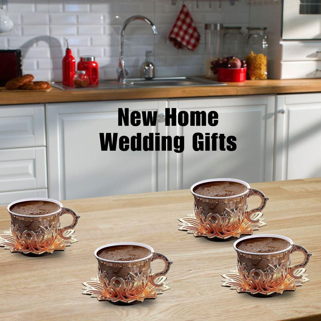 LaModaHome Ottoman Turkish Espresso Coffee Cups with Saucers and Holders Set of 6, Brown Marble Design, Porcelain Arabic, Greek Mini Coffee Mug, Handmade Vintage Gifts, Serving, Tableware - Gold