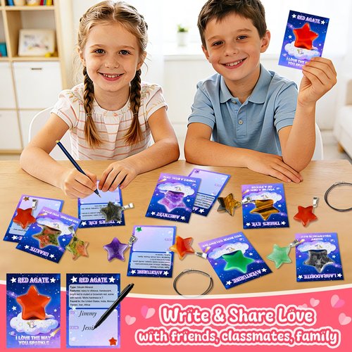 Kepmix Valentines Day Gifts for Kids Classroom: 24-Pack Valentines Day Cards with Rock Star Necklace for School Valentine Exchange, Party Favors with Gemstone Stars and Meaningful Cards