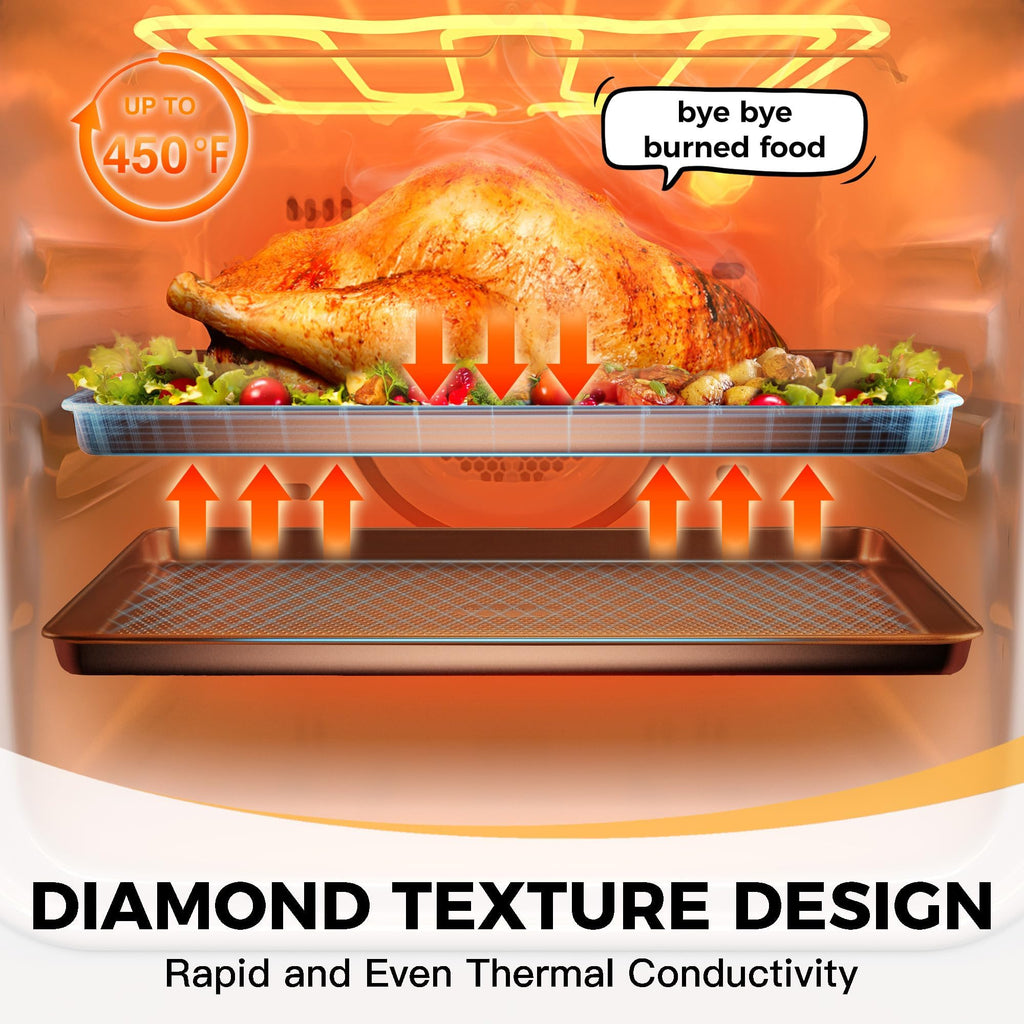 HONGBAKE 9-Piece Baking Pans Set Nonstick, Stackable Non Toxic Bakeware Sets with Diamond Texture, Oven Pan Set for Cooking, Includes Cookie Sheet with Rack, Cake Pan, Roasting Pan, Muffin Tin, Gold