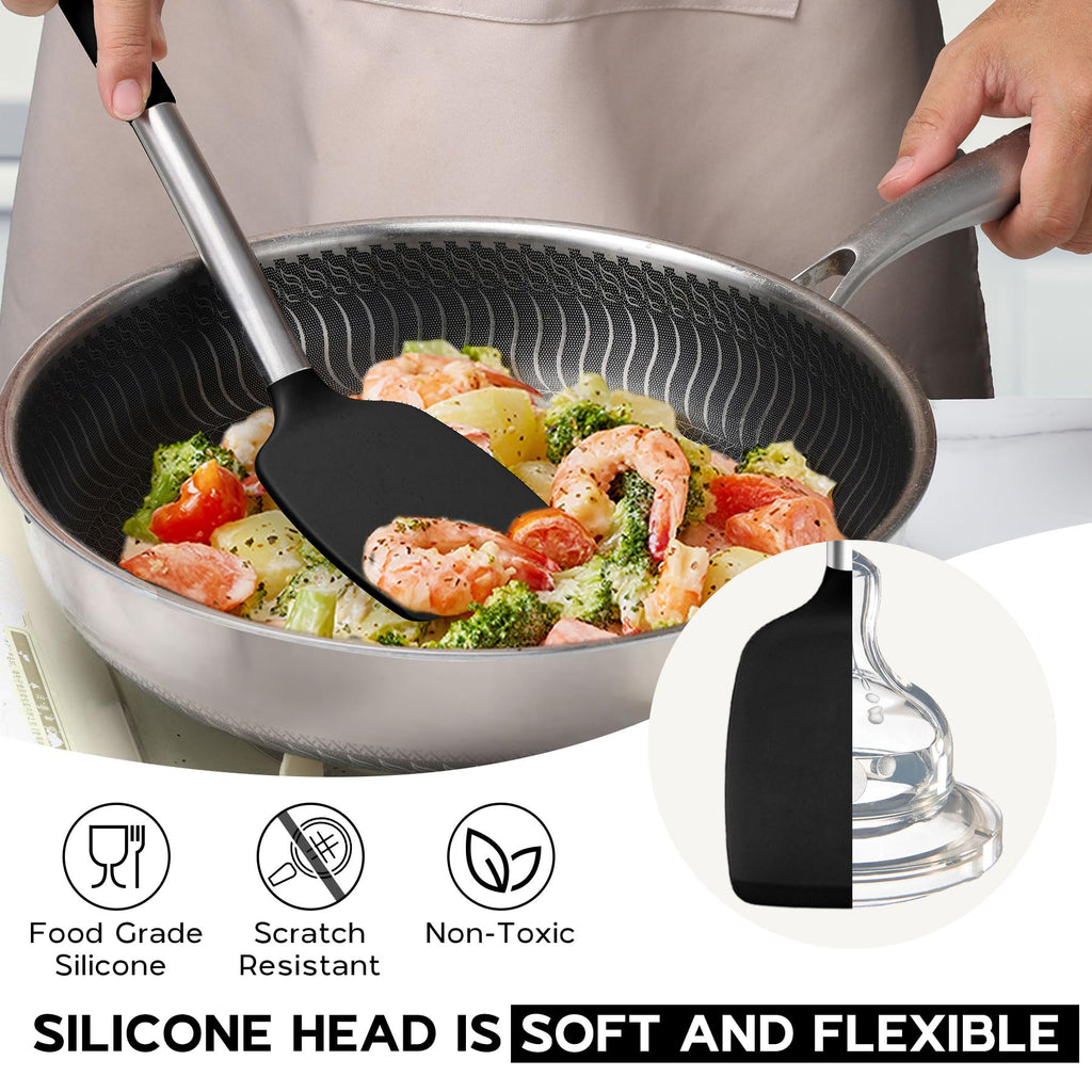Onader Kitchen Utensils Set, 15 Pcs Silicone Cooking Utensils Set with Holder and Heat Resistant Stainless Steel Handle for Nonstick Cookware - Black