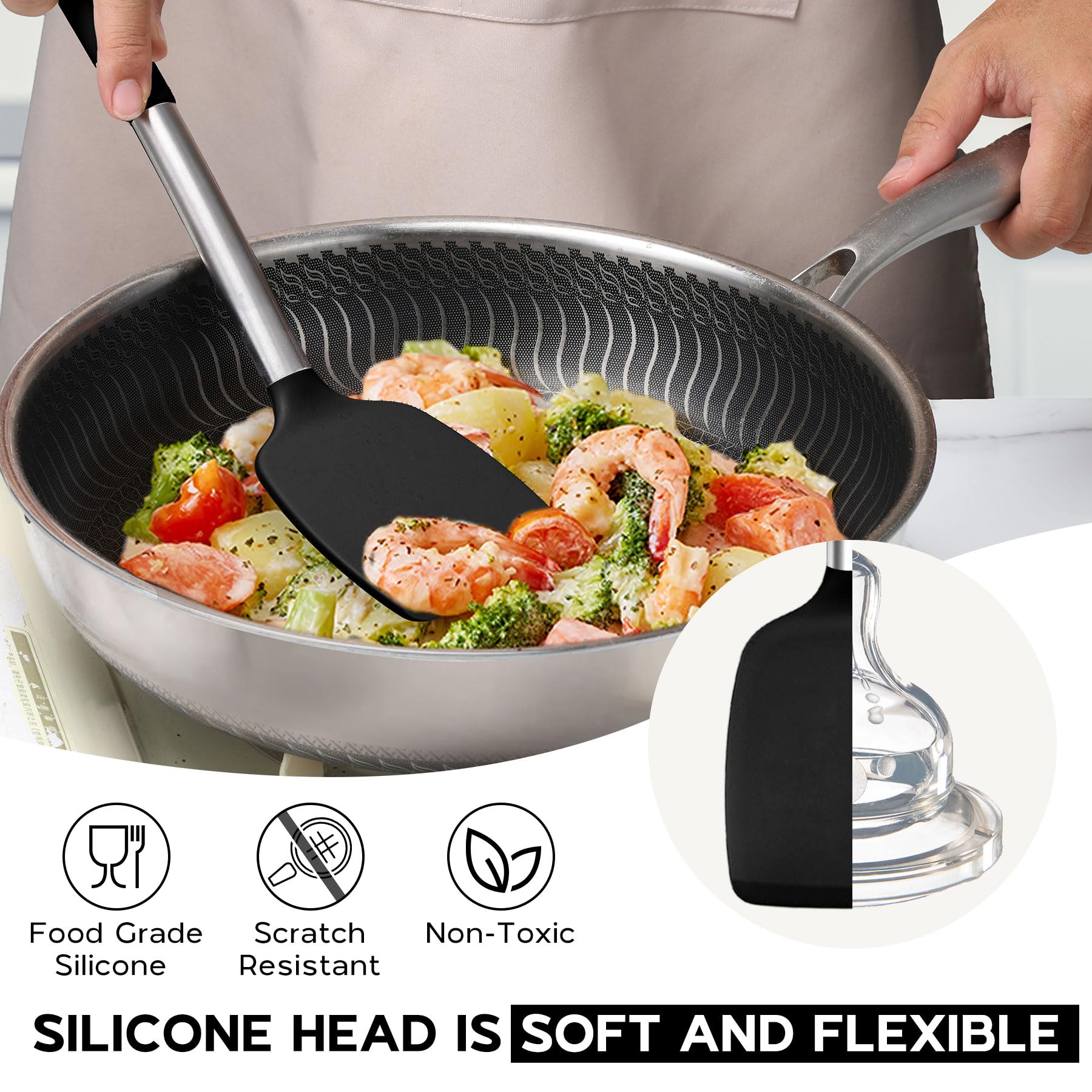 Onader Kitchen Utensils Set, 15 Pcs Silicone Cooking Utensils Set with Holder and Heat Resistant Stainless Steel Handle for Nonstick Cookware - Black
