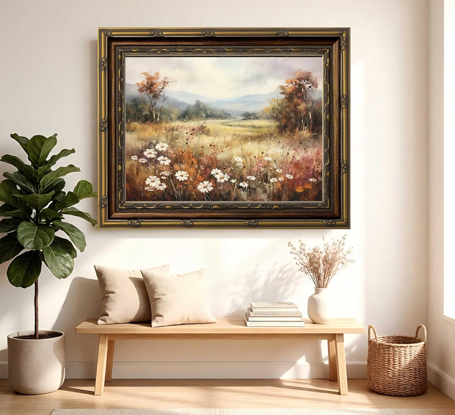 Vintage Gold Framed Wall Art - Retro Floral Landscape Canvas Print for Living Room & Bedroom | 9x11 Inch