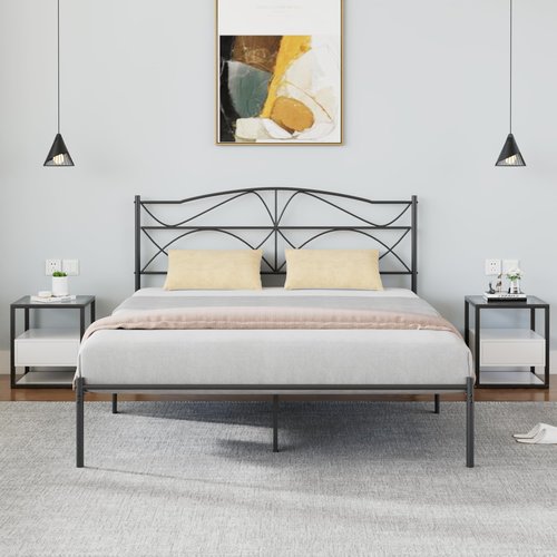 VECELO Queen Size Bed Frame, Metal Bed Platform with Headboard, Sturdy Steel Slats Support, No Box Spring Needed/Noise-Free,Easy Assembly, Dark Black