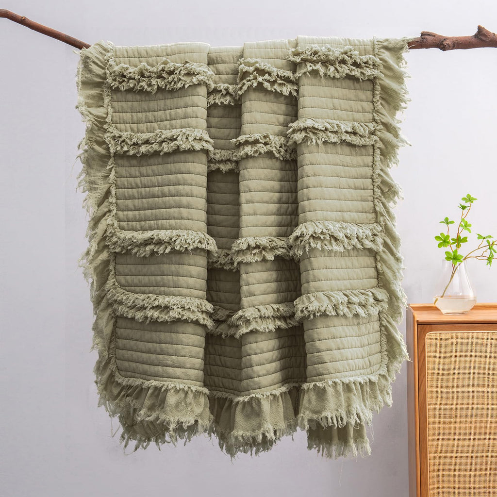 Ultra Soft Pre-Washed Quilted Boho Sage Green Twin Size Blankets for Bed, Olive Green Ruffle Fringed Decorative Throw, Stone Washed Chic Rustic Blanket for Sofa Couch Bed, 60"*80"
