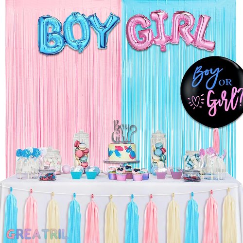 GREATRIL Photo Backdrop - Pink and Blue Foil Fringe Tinsel Streamers for Gender Reveal | 3.2ft X 8.2ft - 2 Packs