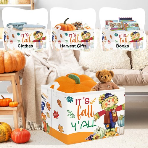 Clastyle Fall Harvest Kid Storage Basket Pumpkin Maple Leaf Thanksgiving Autumn Boys Girls Gift Toy Box Collapsible Clothes Organizer Nursery Bin for Bedroom,Turkey,40 * 30 * 30 cm