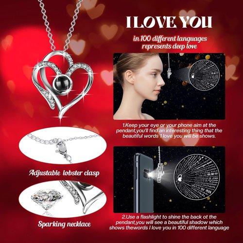Pasuvsigt Valentines Day Rose Gifts for Her, Preserved Real Rose with I Love You Heart 100-Language Necklace, LED Lights & Music Box, Anniversary Birthday Valentines Gifts for Women Girlfriend Mom