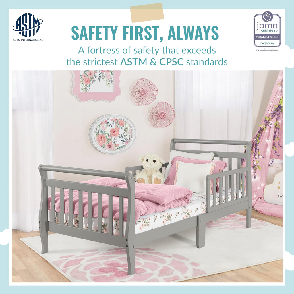 Dream On Me Classic Sleigh Toddler Bed in Cherry – Baby Safety Alliance Certified, Low-to-Floor Design, Non-Toxic Finish, Wooden Safety Rails