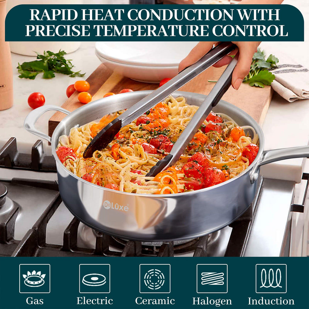DELUXE 12 Inch Stainless Steel Skillet Frying Pan, Large Pan with Lid and Stay-Cool Handle, 5qt Deep Sauté Pans for Deep-Fry Braise Stew, Multipurpose Cooking Pot for Induction Gas Stove