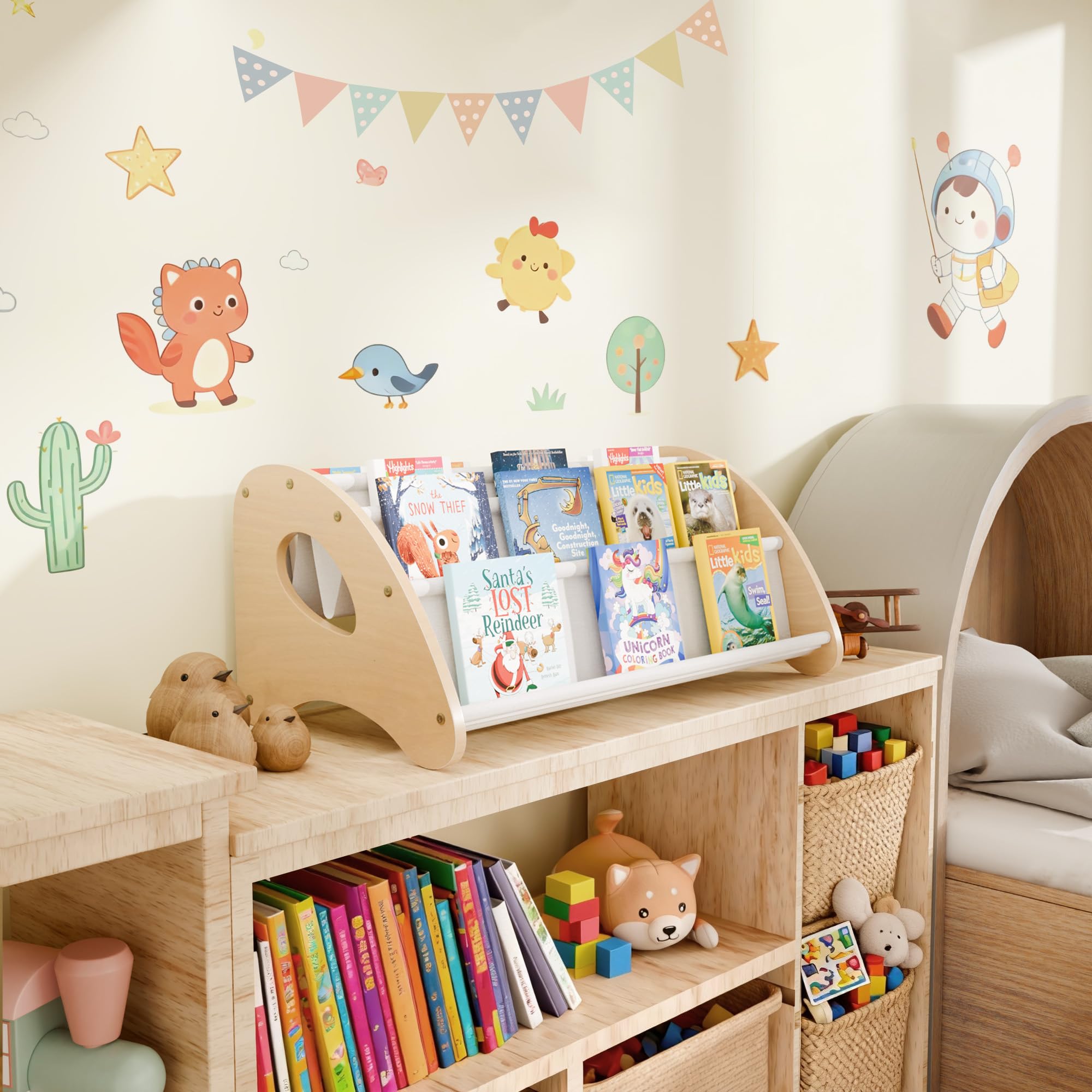 yoopin Kids Bookshelf, 4-Tier Montessori Book Shelf for Kids Rooms, Easy Installation, Eco-Friendly Wooden Storage Organizer,28.7” x 15.7” x 13.6” Natural/White