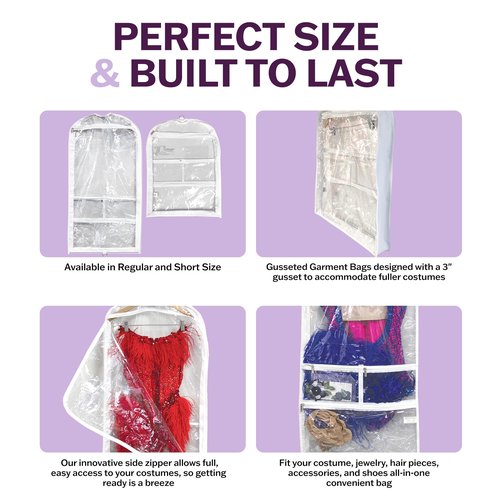 Clear Garment Bags for Dance Costumes 3-Pack, Short-Size, Side Zipper Entry, Storage Pockets for Shoes & Accessories, Size 24”x18”, Dream Duffel
