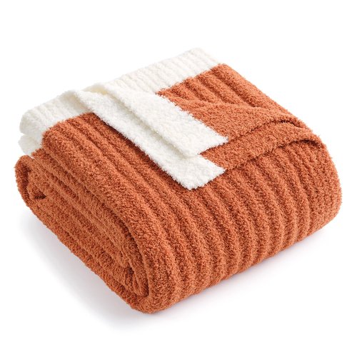 Snuggle Sac Ribbed Burnt Orange Fall Throw Blanket for Couch, Fuzzy Microfiber Knit Blankets for Couch, Sofa, Travel, Burnt Orange, 50x60 inches