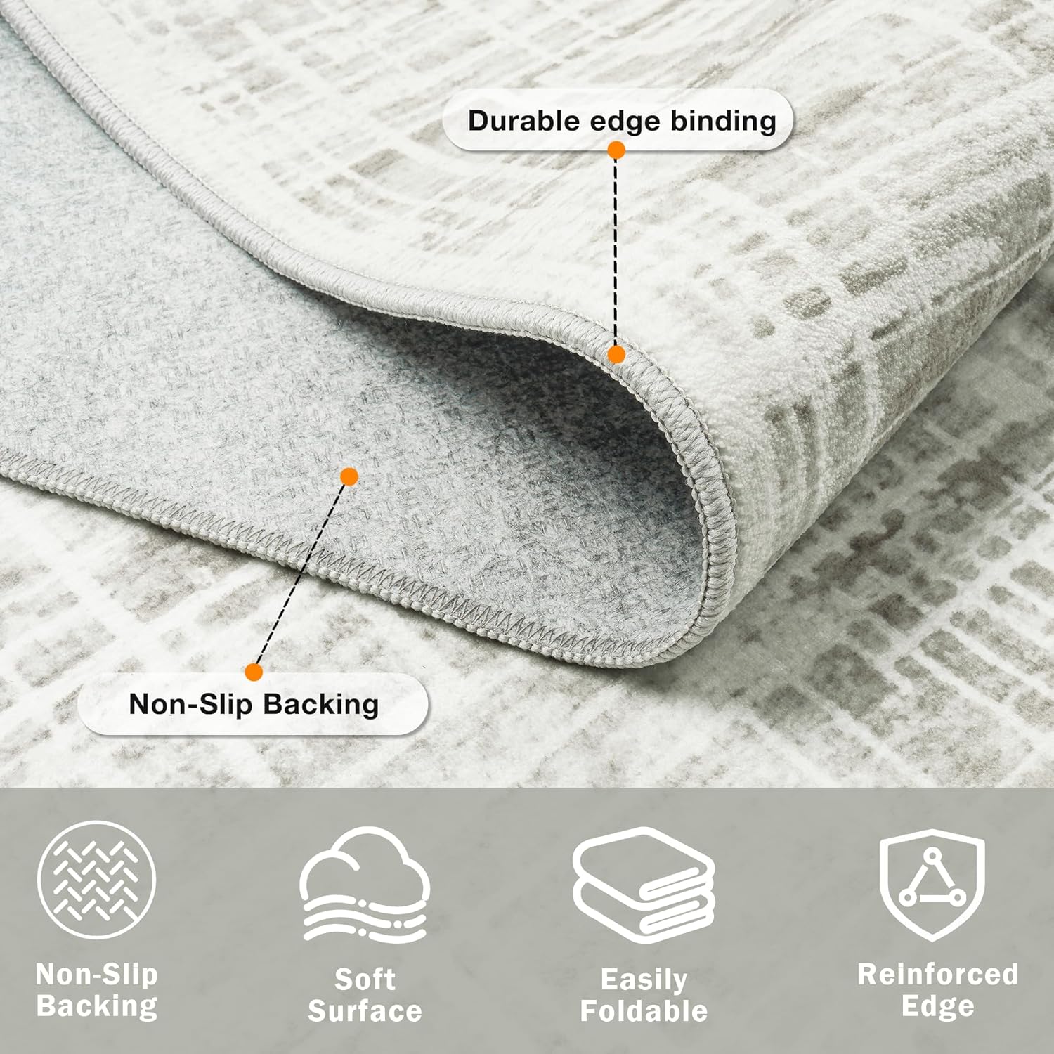 Skiennix 8x10 Area Rug - Washable Anti-Skid Abstract Design for Living Room | Soft Non-Shedding Carpet (White Gray)