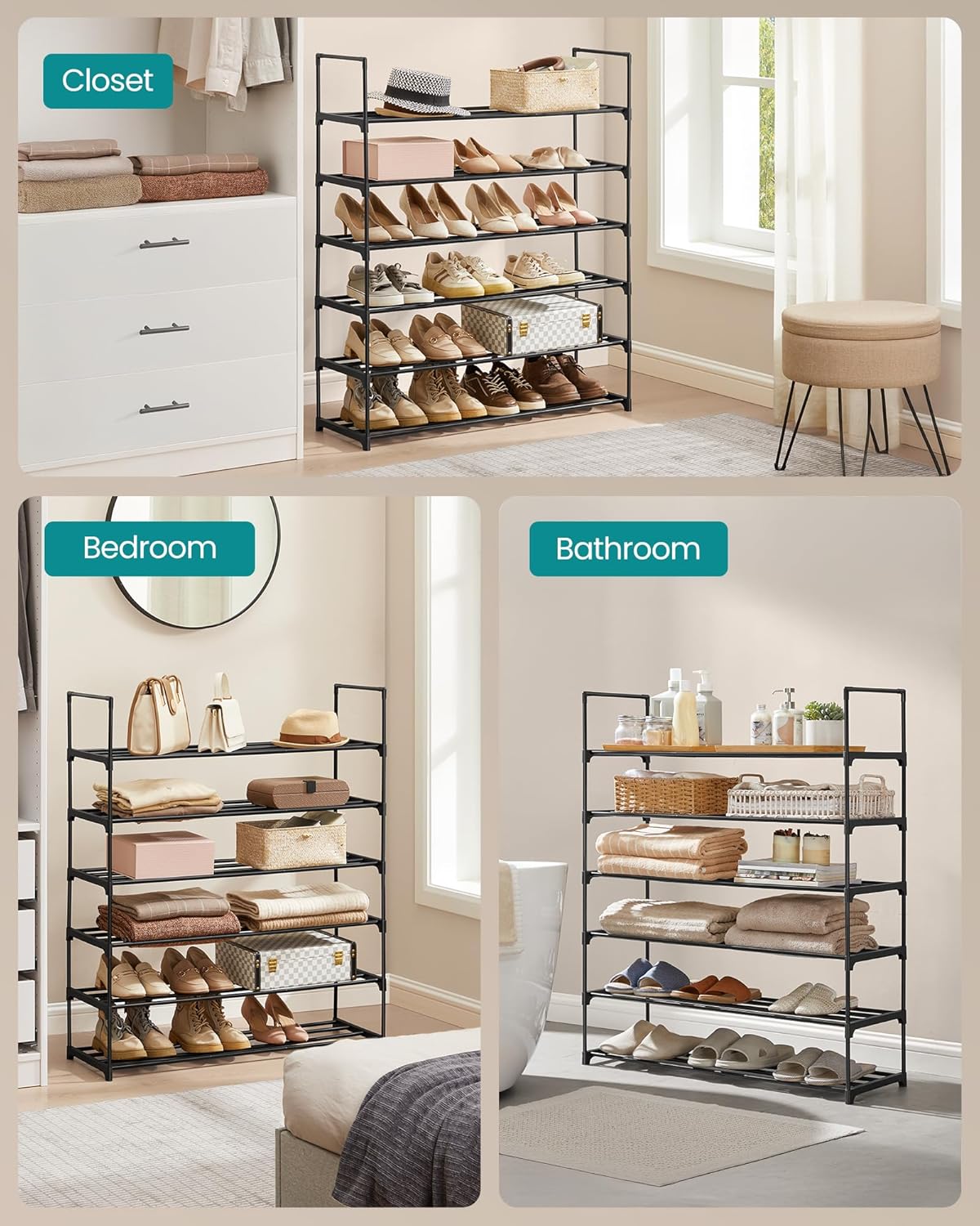 SONGMICS 6-Tier Shoe Rack - Stackable Metal Organizer for 24-30 Pairs - Black, 11.8 x 36.2 x 42.7 Inches