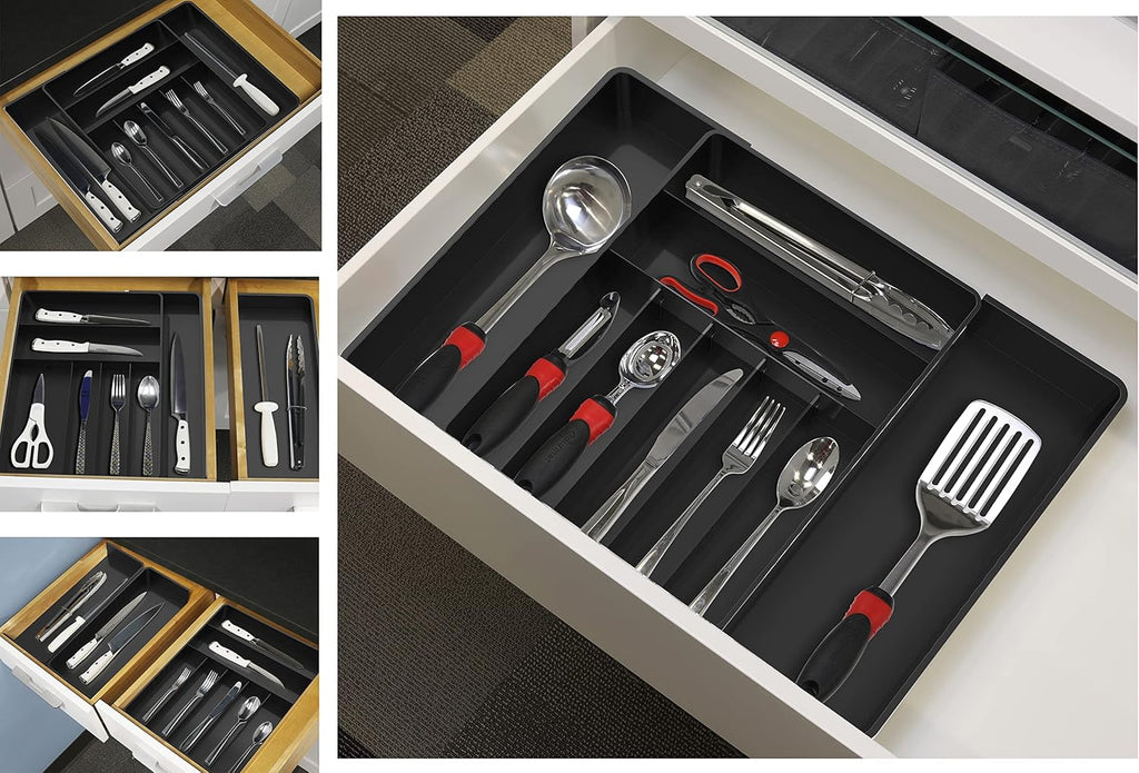 Simple Houseware Flatware Organizer - Adjustable Black Kitchen Drawer Tray with 9 Compartments for Utensils