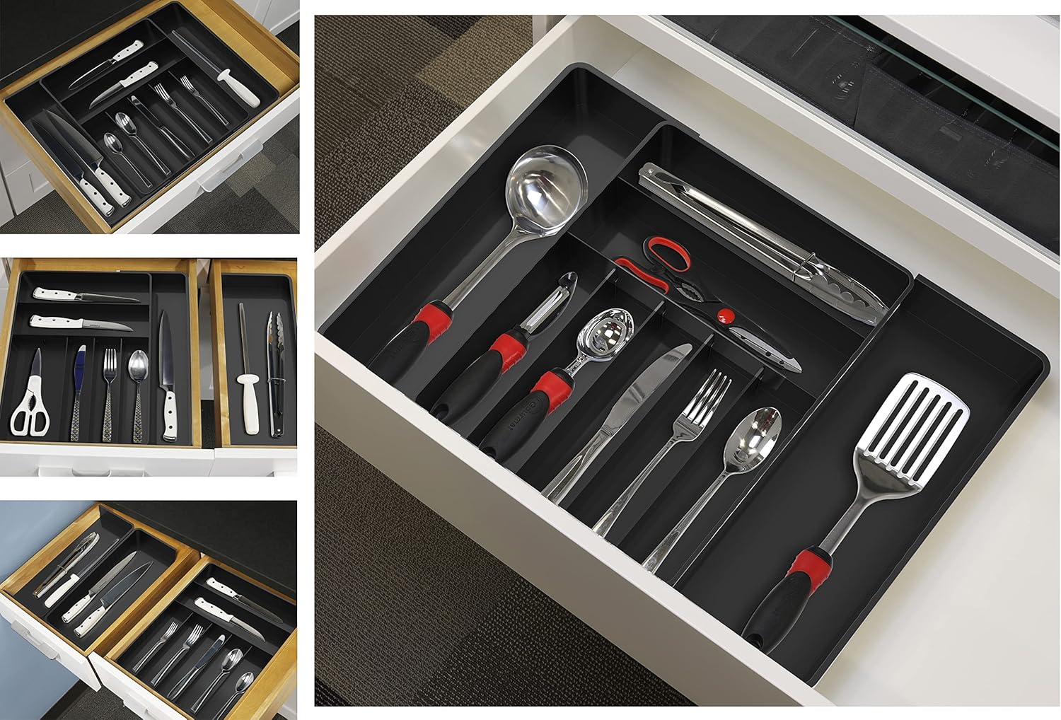 Simple Houseware Flatware Organizer - Adjustable Black Kitchen Drawer Tray with 9 Compartments for Utensils