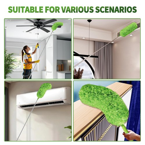 Cobweb Duster with Extension Pole, Washable Cleaning Duster Set with 2 Duster Heads, Corner Brush, 15-110-Inch Telescoping Pole for high Ceiling Fans, Long Duster for high Ceilings，Spider Web Brush