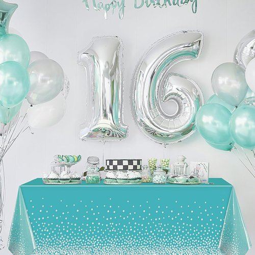 Breling Disposable Tablecloth Set - Teal Blue & Silver Dot Design | 54 x 108 Inch for Parties & Events