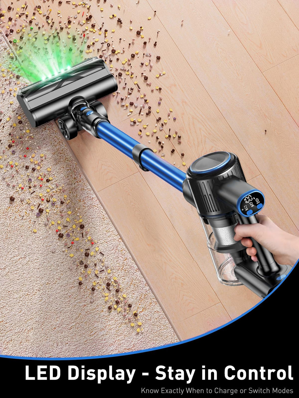 OUYFHK Cordless Vacuum Cleaner, 45000Pa/450W/50Mins Vacuum Cleaners for Home, 8-in-1 Stick Vacuum with LED Screen, Anti-Tangle, Lightweight Rechargeable Vacuum for Carpet Pet Hair Hardwood Floor Blue