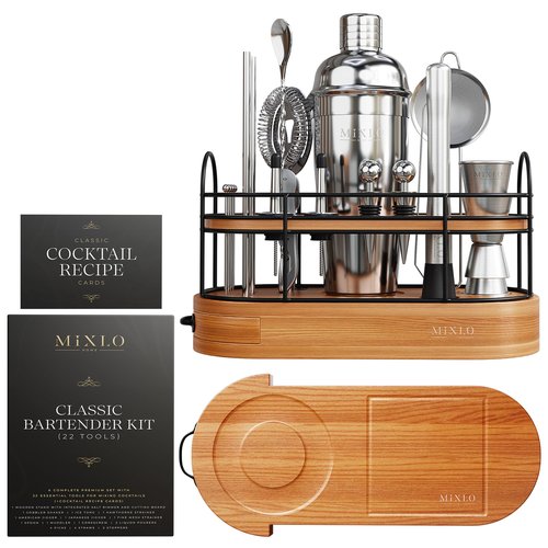 MIXLO HOME Mixology Bartender Kit - 22Pcs Bar Set Cocktail Shaker Set w Brown Bar Cart Accessories Stand - Shakers Bartending Silver Tools, 24oz Shaker, 17 Recipe Cards, Martini Barware