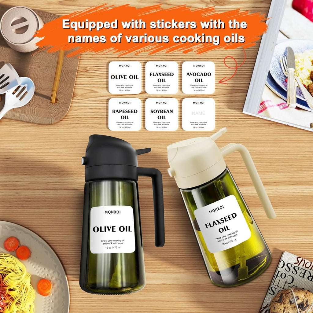 Skiennix 2-in-1 Glass Oil Sprayer & Dispenser - 16oz Olive Oil Bottle for Cooking & Salad | White & Dark Green