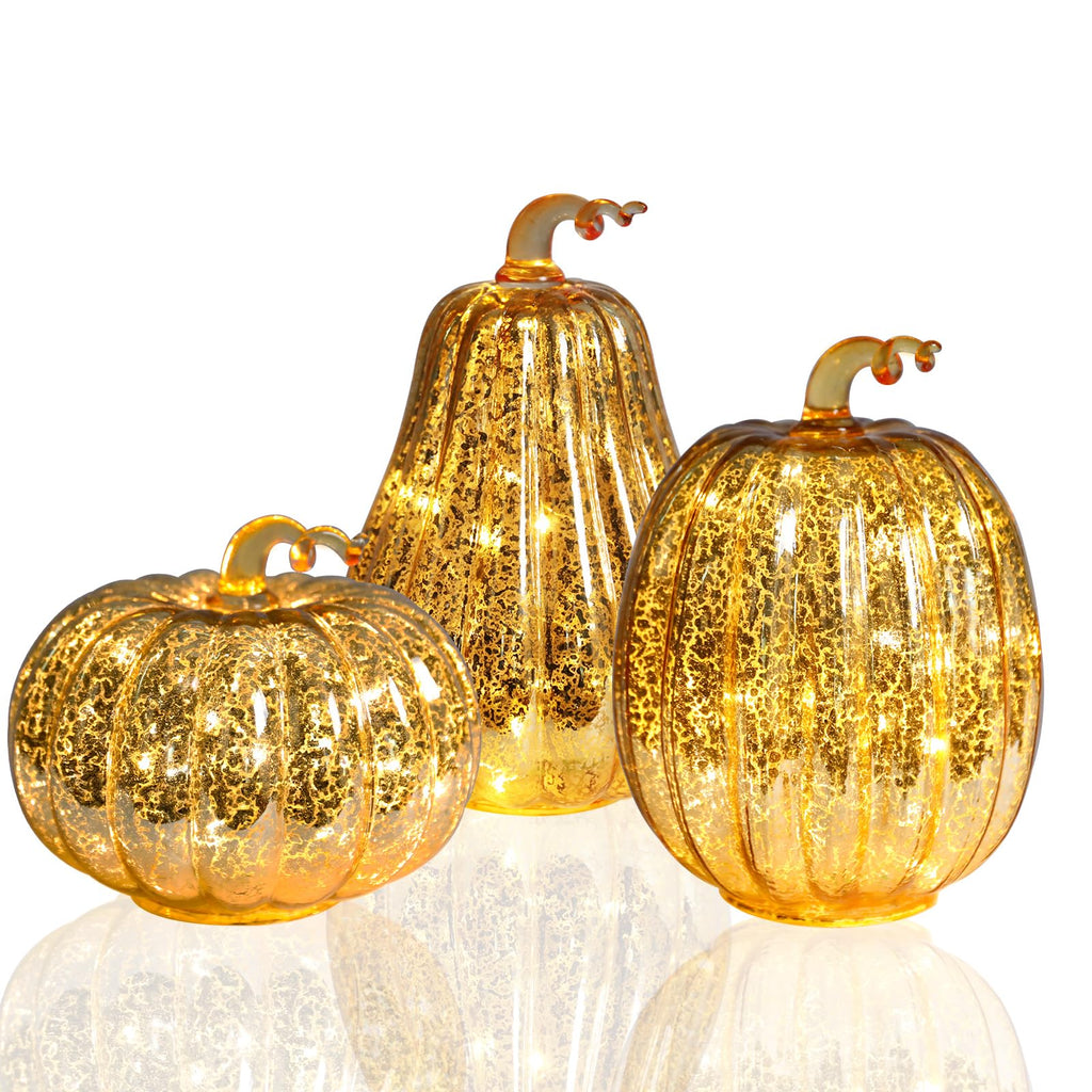 Glass Pumpkin Lights with Warm Yellow LED String, Set of 2 – 13.4” & 11.8” Tall Amber Glass Pumpkins for Fall, Halloween, Thanksgiving Table Centerpiece, Indoor Autumn Home Decor