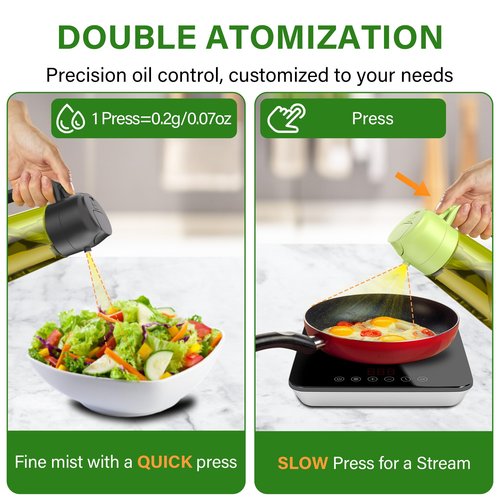 Vakoo 2 in 1 Oil Sprayer and Oil Dispenser for Kitchen - 16oz/470ml Light-Blocking Dark Glass Olive Oil Spray Bottle for Cooking, Air Fryer, Salad & BBQ (Black&Green)