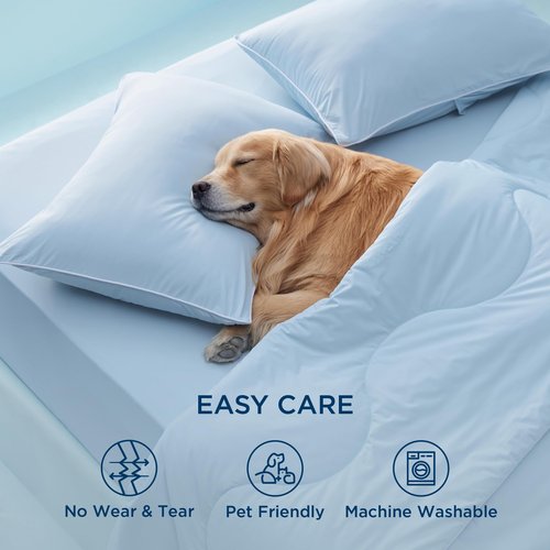 Bedsure Cooling Comforters Queen Size Set 4 Pieces, Blue Cooling Blanket for Hot Sleepers, Double-Sided Cool Tech Queen Bedding Set with Breathable Lightweight Comforter, Sheet & Pillowcases