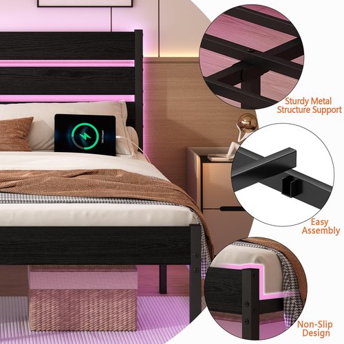 Chuangshuo Guard Full Size Bed Frame with Headboard,Heavy Duty LED Bed Frame with USB Charging Station,Mattress Foundation-Under Bed Storage, No Box Spring Needed, Noise Free，Black