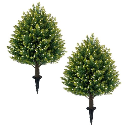 21'' Artificial White Berries Topiary Ball Trees with Ground Spike, UV Resistant Fake Plant Brush, 2 Pack Artificial Cedar Shrubs for Outdoor Indoor Front Porch Garden