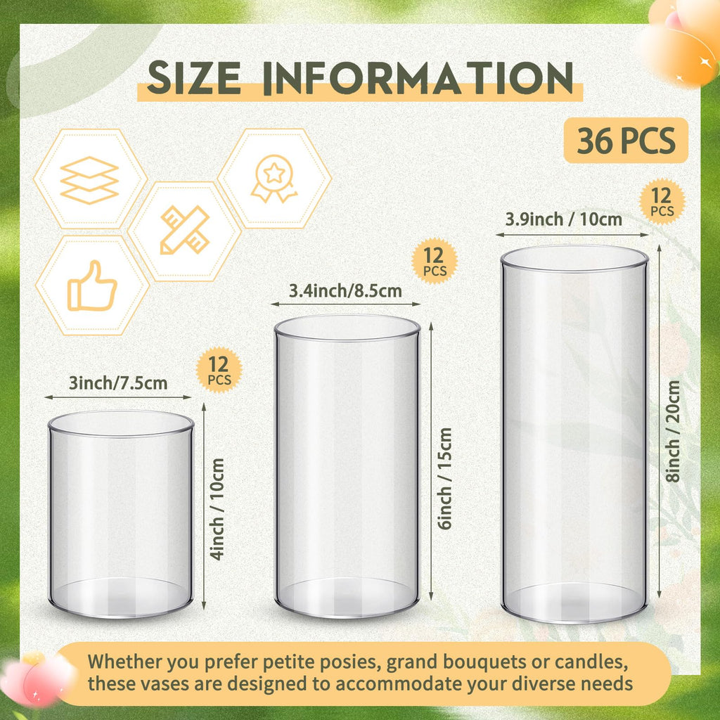 Nuogo 36 Pcs Plastic Cylinder Vases Tall Plastic Flower Vases for Centerpieces Hurricane Candle Holder for Home Wedding Office Party Formal Dinners Decorations (4''/6''/8'')