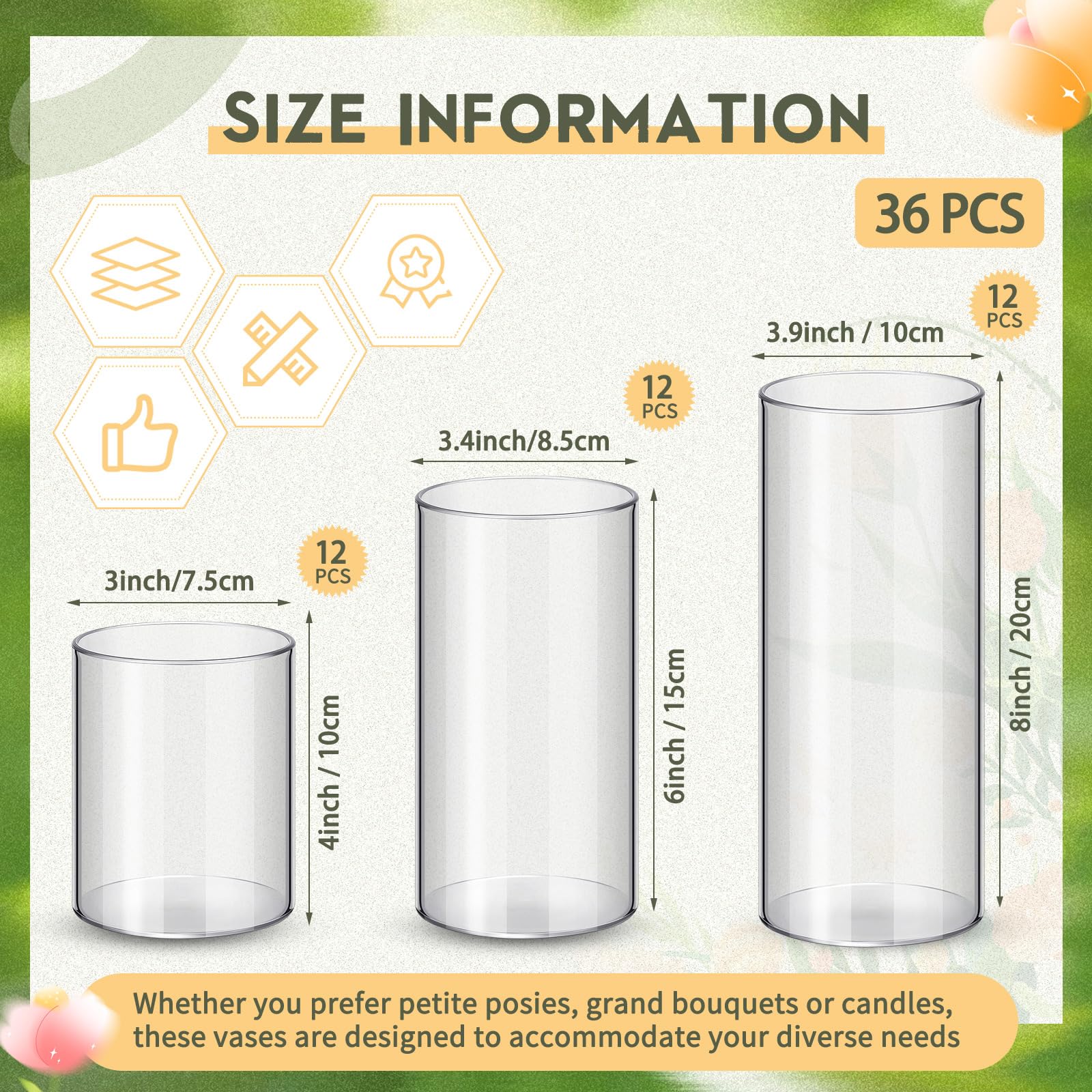 Nuogo 36 Pcs Plastic Cylinder Vases Tall Plastic Flower Vases for Centerpieces Hurricane Candle Holder for Home Wedding Office Party Formal Dinners Decorations (4''/6''/8'')