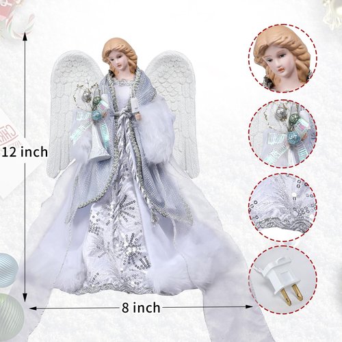 Yinns Angel Tree Topper with Lights, Christmas Tree Toppers Decorations, Angel Tree Toper for Christmas Ornament or Indoor Home Table Top Decor,12-Inch Lighted Angel Tree Toppe Bule