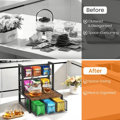 Homode Tea Bag Organizer, 3 Tier Tea Storage Container Box, Wood Tea Station Caddy, Teabag Holder Stand with Drawer Basket, Large Tea Chest Display Rack for Countertop Cabinet Office, Rustic Brown