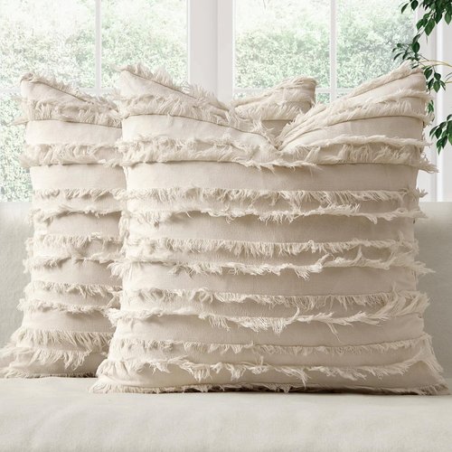 MIULEE Decorative Boho Throw Pillow Covers Set of 2 Spring Neutral Beige Linen Striped Jacquard Pattern Modern Cushion Covers for Sofa Couch Living Room Bedroom 18x18 Inch Home Decor
