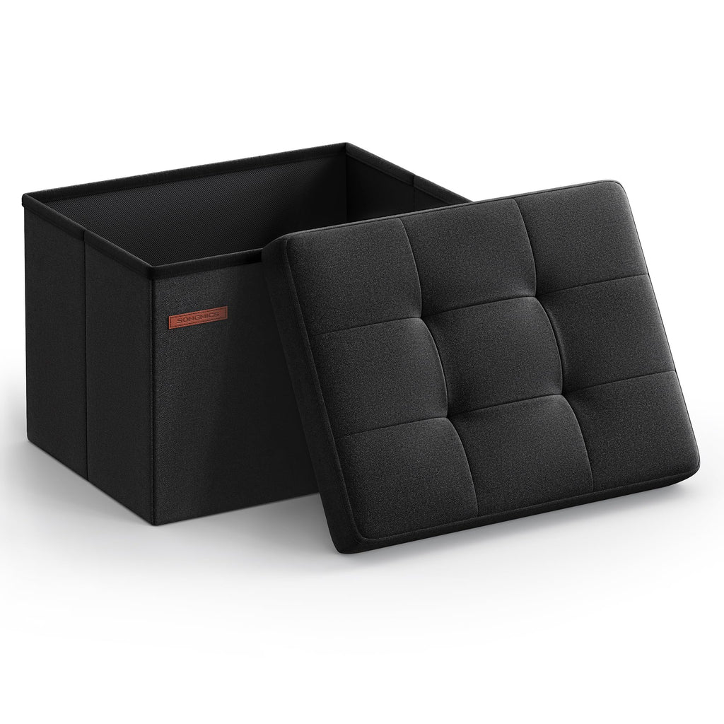 SONGMICS MAZIE Collection - Small Folding Storage Ottoman, Foot Rest Stool, 12.2 x 16.1 x 12.2 Inches, 286 lb Load Capacity, for Living Room, Bedroom, Home Office, Dorm, Ink Black ULSF102B01