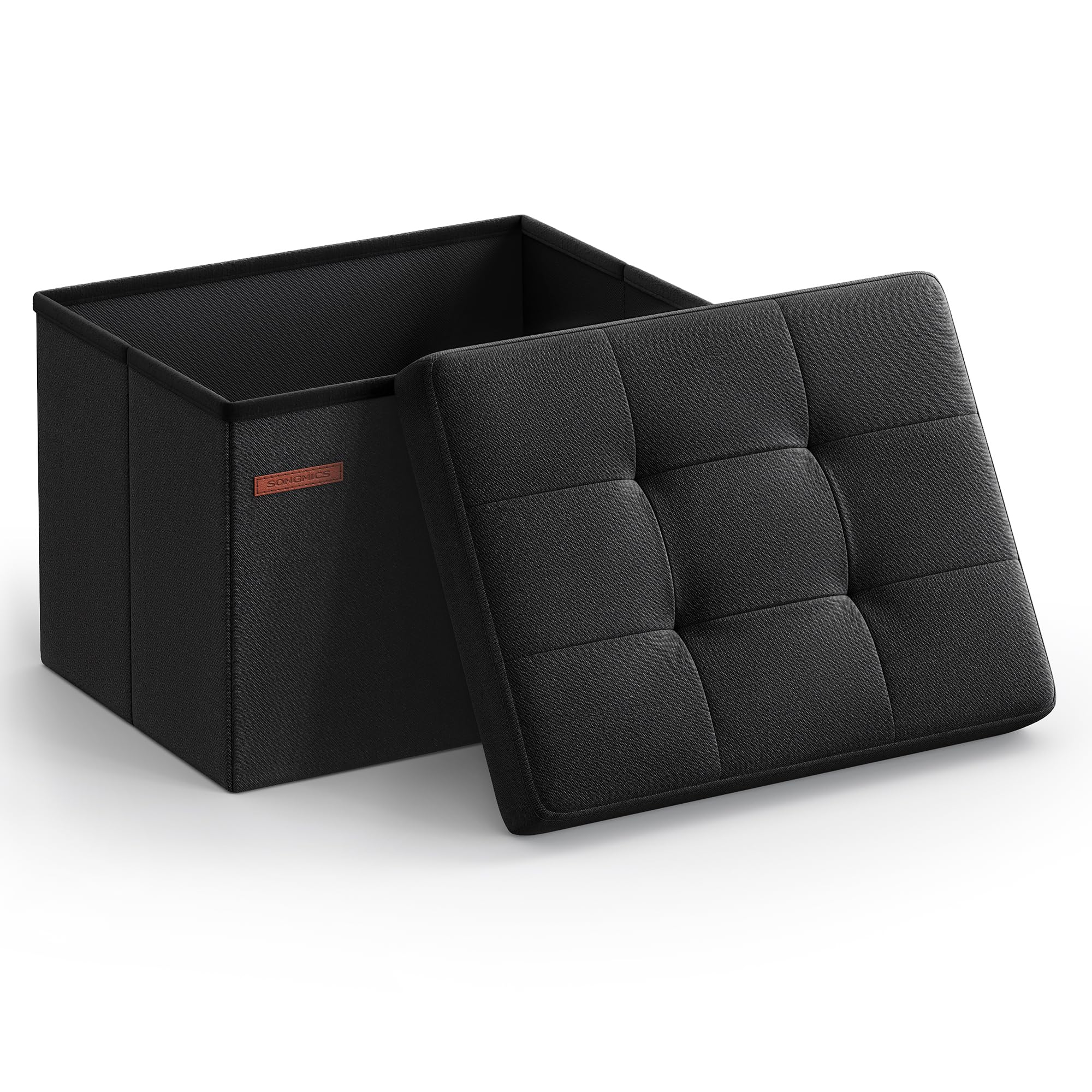 SONGMICS MAZIE Collection - Small Folding Storage Ottoman, Foot Rest Stool, 12.2 x 16.1 x 12.2 Inches, 286 lb Load Capacity, for Living Room, Bedroom, Home Office, Dorm, Ink Black ULSF102B01