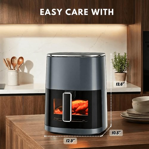 Air Fryer 6.34QT with Clear Window, 12-in-1 Air Fryer Oven, Square Airfryer, Air Fry, Roast, Reheat, Dehydrate, Bake, Steam, 400°F Rapid Air Crispy Technology, Grey