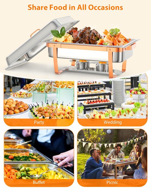 GarveeHome Chafing Dish Buffet Set, 8QT 2 Pack, Rectangle Chafing Dishes for Buffet w/Lid Holder, Stainless Steel Chafer Food Warmers Servers for Kitchen Party Banquet Dining, Rose Gold